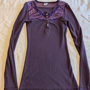 Free People Purple Long Sleeve Henley Thermal with Sequin Accents